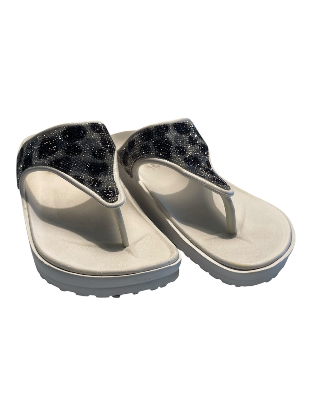 CROCS White Platform Flip Sandals with Black Leopard Sparkle Upper Size 8